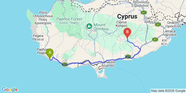 Map: Paphos Airport (PFO) to Yesiltepe