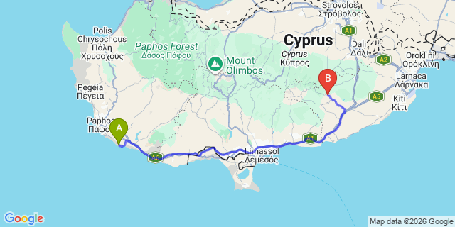 Map: Paphos Airport (PFO) to Zeytinlik