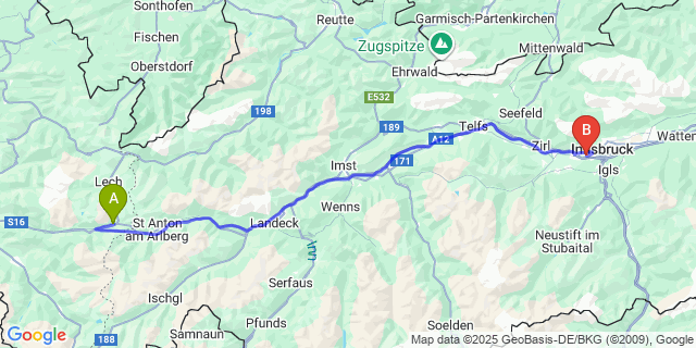 Map: Innsbruck Airport (INN) to Stuben Am Arlberg