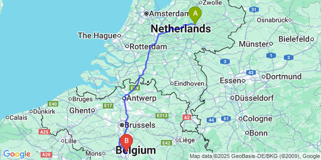Map: Charleroi Airport Brussels South (CRL) to Apeldoorn