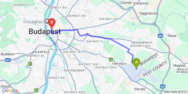 Map: Budapest Airport (BUD), Ferihegy, Liszt Ferenc to 12 Revay Hotel