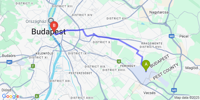 Map: Budapest Airport (BUD), Ferihegy, Liszt Ferenc to 2B Hostel & Rooms Bécsi utca 2.