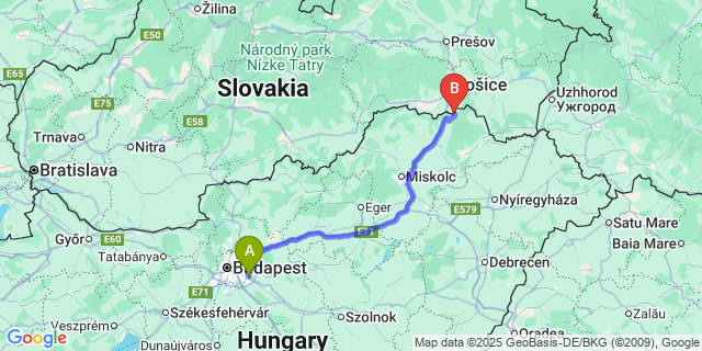 Map: Budapest Airport (BUD), Ferihegy, Liszt Ferenc to Abaújvár