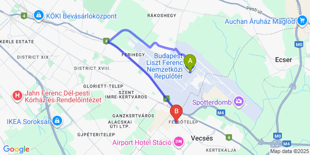 Map: Budapest Airport (BUD), Ferihegy, Liszt Ferenc to Airport Hotel Budapest