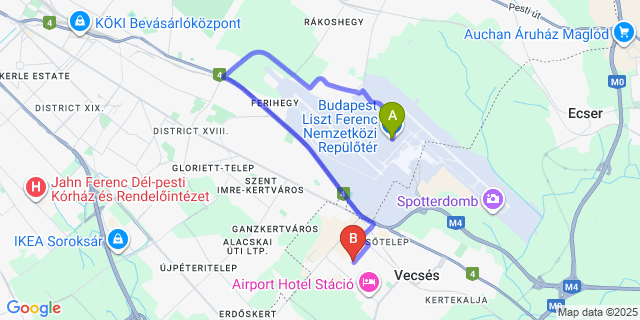 Map: Budapest Airport (BUD), Ferihegy, Liszt Ferenc to Airport16 B&B