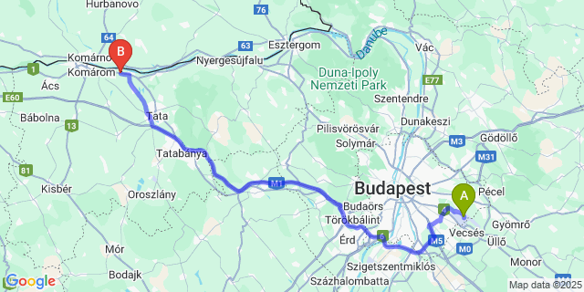 Map: Budapest Airport (BUD), Ferihegy, Liszt Ferenc to Almásfüzitő