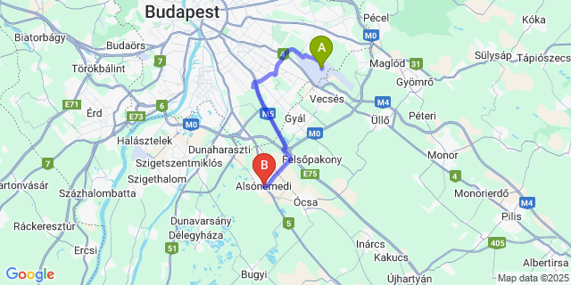 Map: Budapest Airport (BUD), Ferihegy, Liszt Ferenc to Alsónémedi