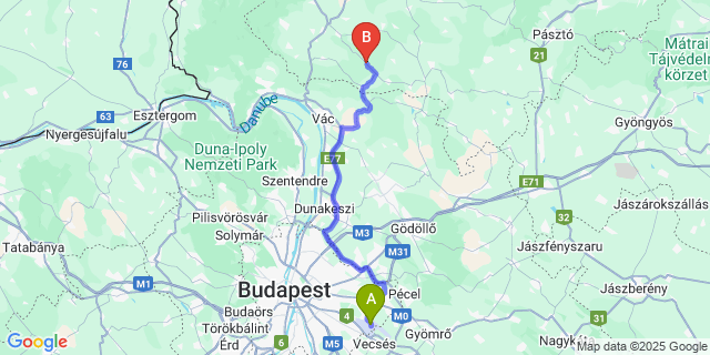 Map: Budapest Airport (BUD), Ferihegy, Liszt Ferenc to Alsópetény