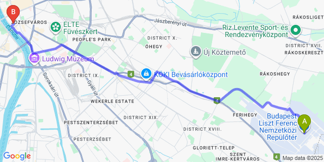Map: Budapest Airport (BUD), Ferihegy, Liszt Ferenc to Alta Moda Fashion Hotel