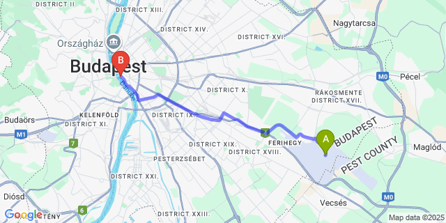 Map: Budapest Airport (BUD), Ferihegy, Liszt Ferenc to Amiga Hostel