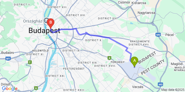 Map: Budapest Airport (BUD), Ferihegy, Liszt Ferenc to Andr?ssy Thai Hotel