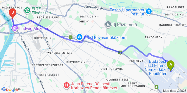 Map: Budapest Airport (BUD), Ferihegy, Liszt Ferenc to B&B Hotel Budapest City
