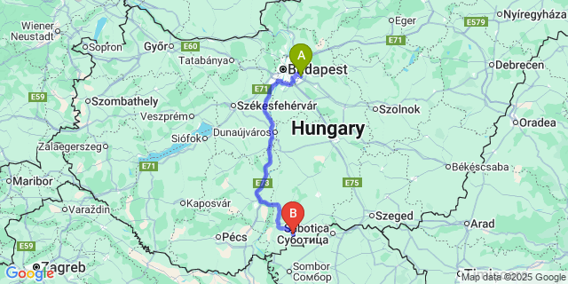 Map: Budapest Airport (BUD), Ferihegy, Liszt Ferenc to Bácsborsód