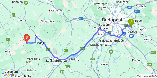 Map: Budapest Airport (BUD), Ferihegy, Liszt Ferenc to Bakonycsernye