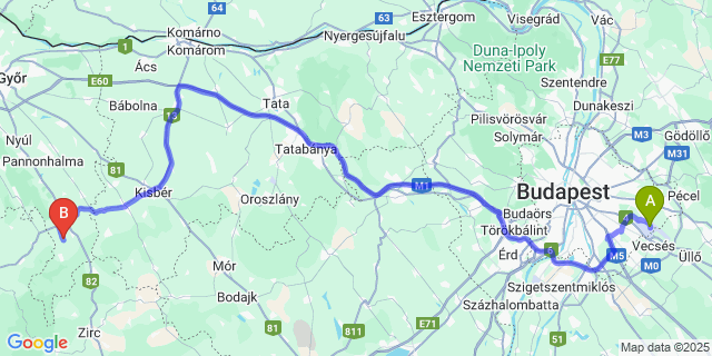 Map: Budapest Airport (BUD), Ferihegy, Liszt Ferenc to Bakonygyirót