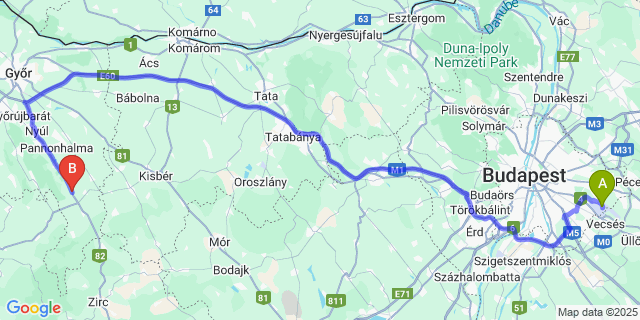 Map: Budapest Airport (BUD), Ferihegy, Liszt Ferenc to Bakonypéterd