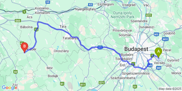 Map: Budapest Airport (BUD), Ferihegy, Liszt Ferenc to Bakonyszombathely