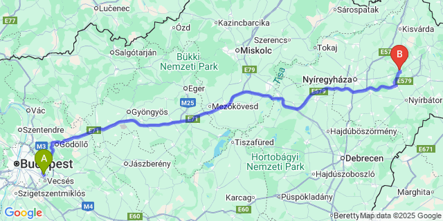 Map: Budapest Airport (BUD), Ferihegy, Liszt Ferenc to Baktalórántháza