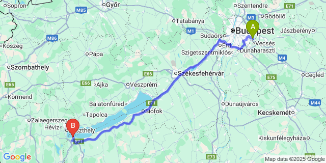 Map: Budapest Airport (BUD), Ferihegy, Liszt Ferenc to Balatonberény