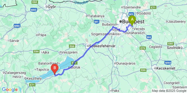Map: Budapest Airport (BUD), Ferihegy, Liszt Ferenc to Balatonőszöd