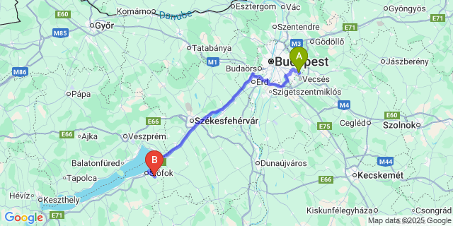 Map: Budapest Airport (BUD), Ferihegy, Liszt Ferenc to Balatonszabadi