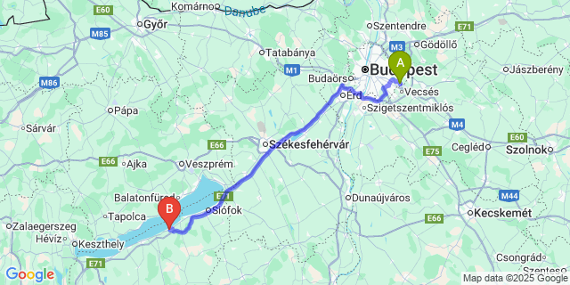 Map: Budapest Airport (BUD), Ferihegy, Liszt Ferenc to Balatonszárszó