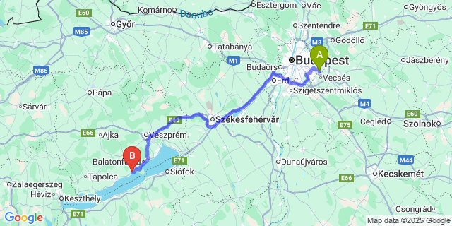 Map: Budapest Airport (BUD), Ferihegy, Liszt Ferenc to Balatonudvari