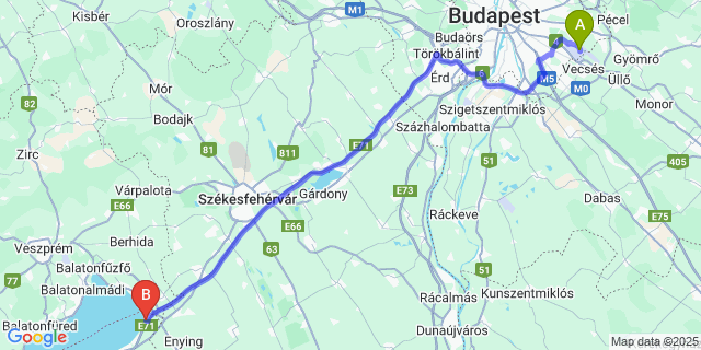 Map: Budapest Airport (BUD), Ferihegy, Liszt Ferenc to Balatonvilágos