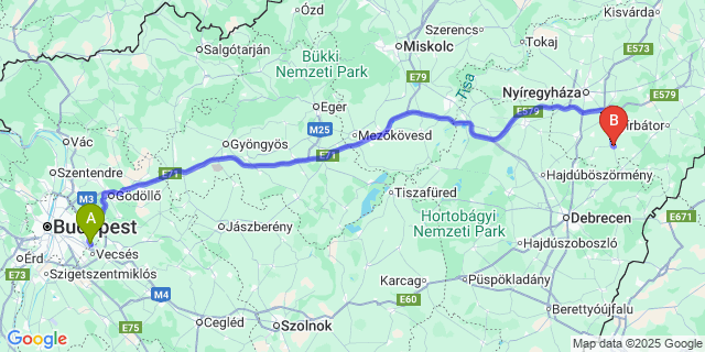 Map: Budapest Airport (BUD), Ferihegy, Liszt Ferenc to Balkány