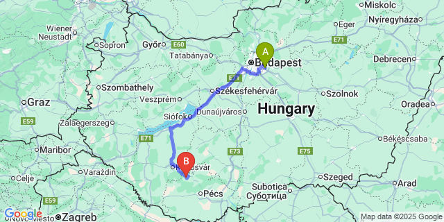 Map: Budapest Airport (BUD), Ferihegy, Liszt Ferenc to Baranyaszentgyörgy