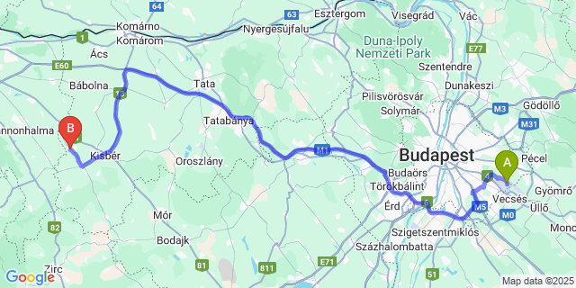 Map: Budapest Airport (BUD), Ferihegy, Liszt Ferenc to Bársonyos
