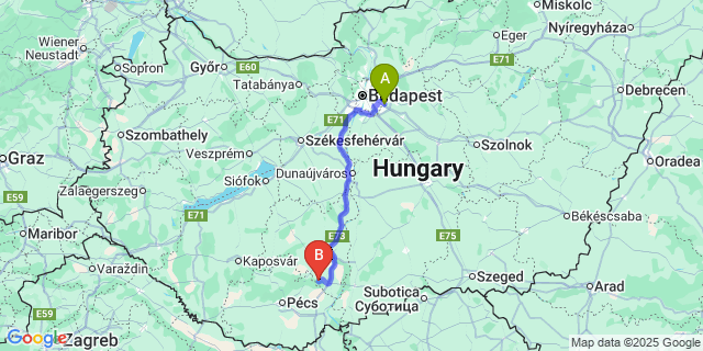 Map: Budapest Airport (BUD), Ferihegy, Liszt Ferenc to Bátaapáti