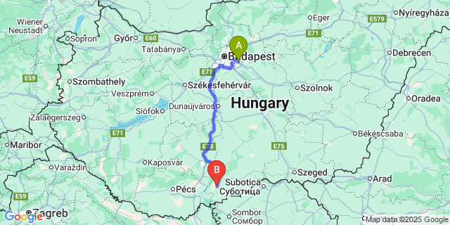 Map: Budapest Airport (BUD), Ferihegy, Liszt Ferenc to Bátmonostor