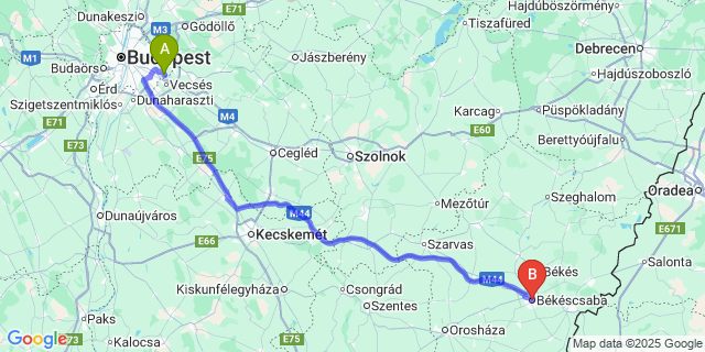 Map: Budapest Airport (BUD), Ferihegy, Liszt Ferenc to Békéscsaba