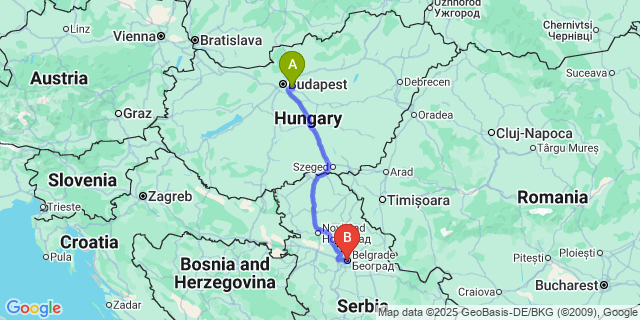 Map: Budapest Airport (BUD), Ferihegy, Liszt Ferenc to Belgrade city (all areas)