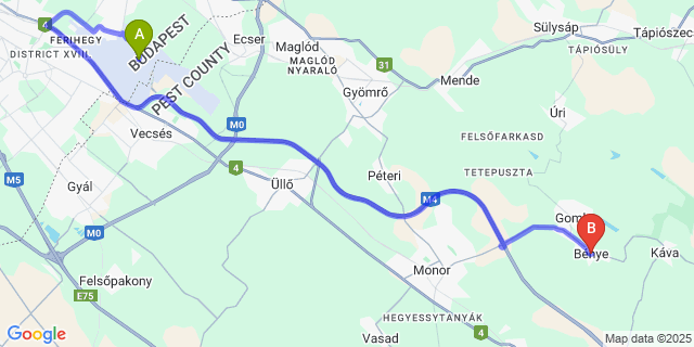 Map: Budapest Airport (BUD), Ferihegy, Liszt Ferenc to Bénye