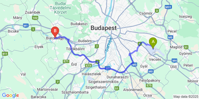 Map: Budapest Airport (BUD), Ferihegy, Liszt Ferenc to Biatorbágy