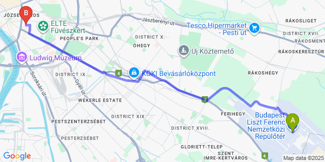 Map: Budapest Airport (BUD), Ferihegy, Liszt Ferenc to Bo18 Hotel Budapest Vajdahunyad utca 18.