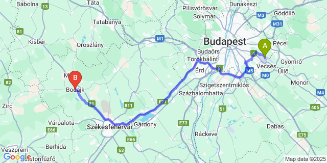 Map: Budapest Airport (BUD), Ferihegy, Liszt Ferenc to Bodajk