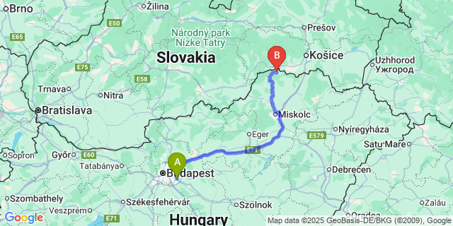 Map: Budapest Airport (BUD), Ferihegy, Liszt Ferenc to Bódvalenke