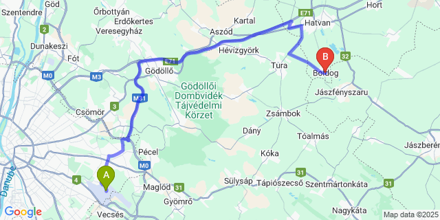 Map: Budapest Airport (BUD), Ferihegy, Liszt Ferenc to Boldog