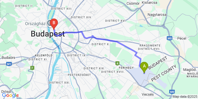 Map: Budapest Airport (BUD), Ferihegy, Liszt Ferenc to Boomerang Hostel