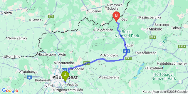 Map: Budapest Airport (BUD), Ferihegy, Liszt Ferenc to Borsodszentgyörgy