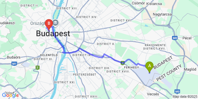 Map: Budapest Airport (BUD), Ferihegy, Liszt Ferenc to Buda Castle Hotel