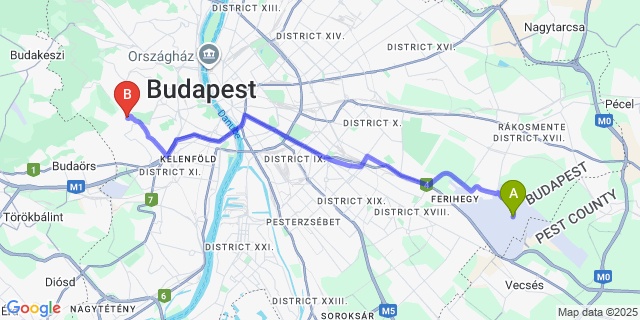 Map: Budapest Airport (BUD), Ferihegy, Liszt Ferenc to Budai Hotel