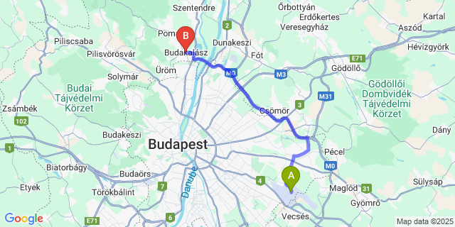 Map: Budapest Airport (BUD), Ferihegy, Liszt Ferenc to Budakalász
