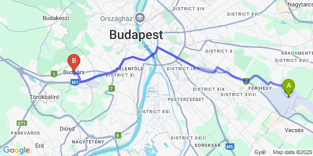 Map: Budapest Airport (BUD), Ferihegy, Liszt Ferenc to Budaörs
