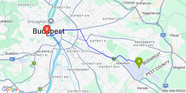 Map: Budapest Airport (BUD), Ferihegy, Liszt Ferenc to Budapest 1016
