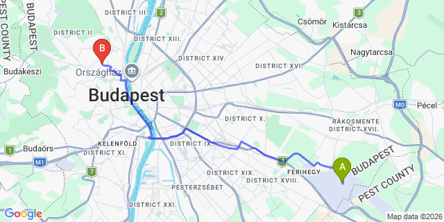 Map: Budapest Airport (BUD), Ferihegy, Liszt Ferenc to Budapest 1022