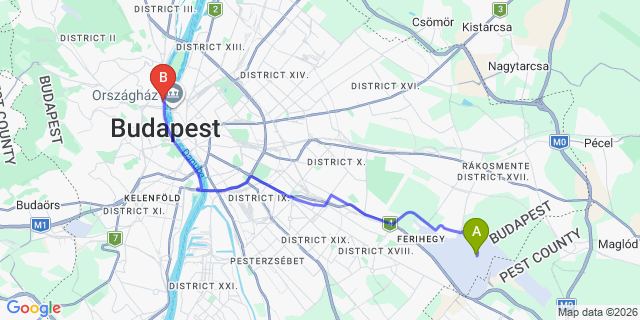 Map: Budapest Airport (BUD), Ferihegy, Liszt Ferenc to Budapest 1027